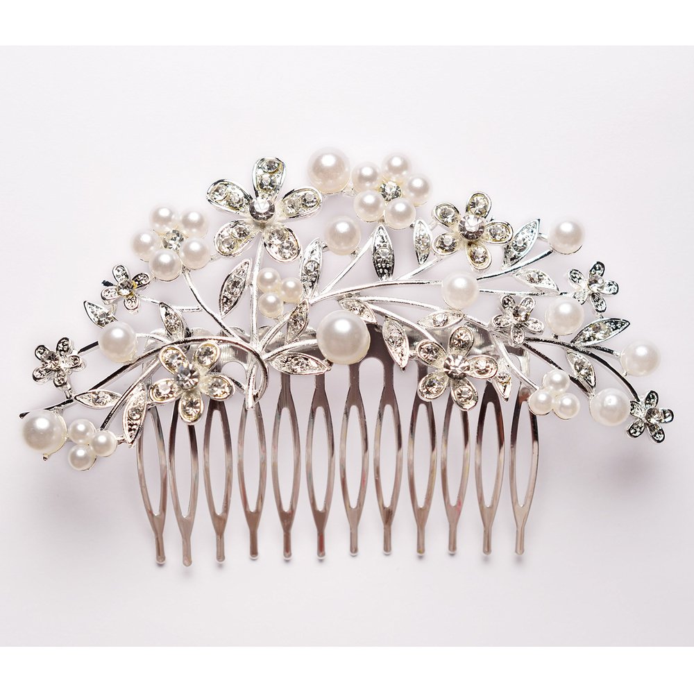 Miya Style 10 Silver Pearl and Crystal Floral Hair Comb