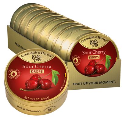 Cavendish & Harvey Sour Cherry Drops, 9 x 200 g Tin Multipack | Cherry | Fruit Hard Candies | With Real Fruit Juice | Vegan, Halal, Kosher