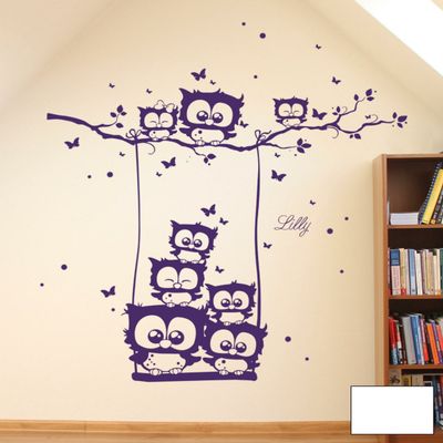 Ilka Parey Owl Wall Decal with Custom Name, Butterflies and Dots, White, XXL 140 x 140 cm