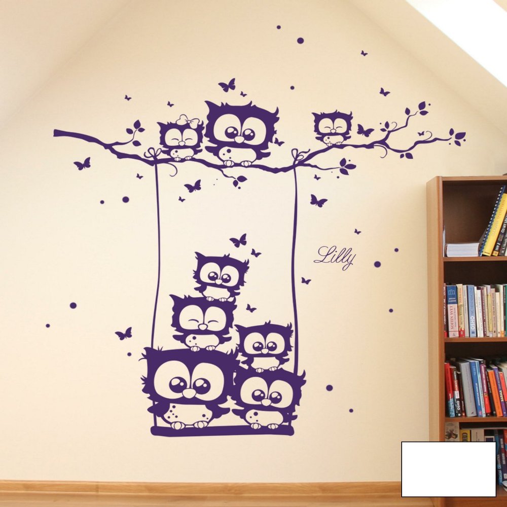 Ilka Parey Owl Wall Decal with Custom Name, Butterflies and Dots, White, XXL 140 x 140 cm