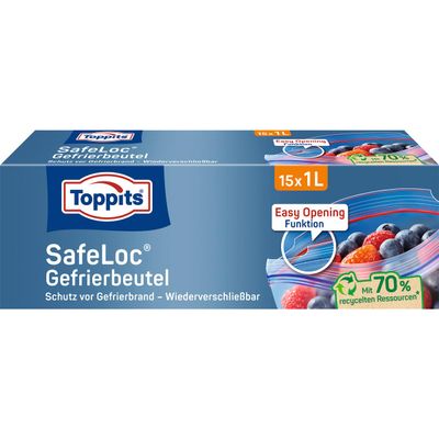 Toppits Double-Seal Freezer Bags, SafeLoc Closure, 1 L, Stand-Up Base, 15 Count, Transparent