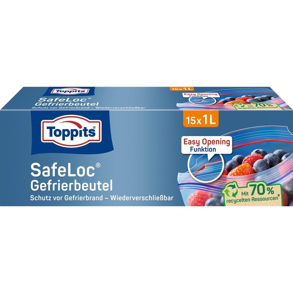 Toppits Double-Seal Freezer Bags, SafeLoc Closure, 1 L, Stand-Up Base, 15 Count, Transparent