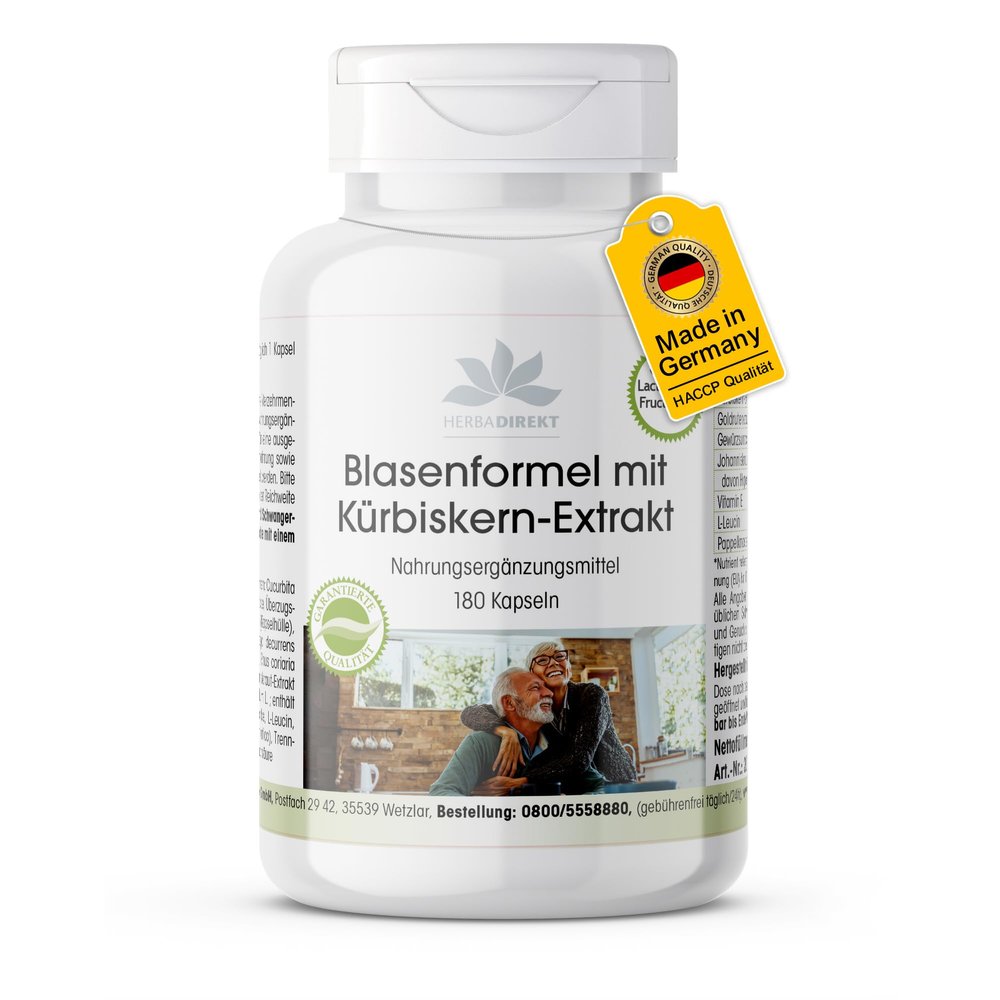 Bladder Formula with Pumpkin Seed Extract - 180 Capsules - with Goldenrod Herb, St. John's Wort and Vitamin E - Vegan | HERBADIREKT by Warnke Vitalstoffe - German Pharmacy Quality