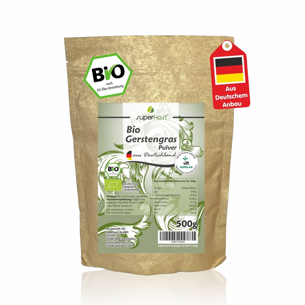 Superkost Organic Barley Grass Powder, 500 g – Grown in Bavaria, Germany