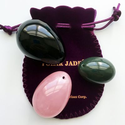 Yoni Egg Set of 3 Gemstones: Nephrite, Rose Quartz & Black Obsidian, L/M/S, Pre-Drilled, Certified, with Instructions