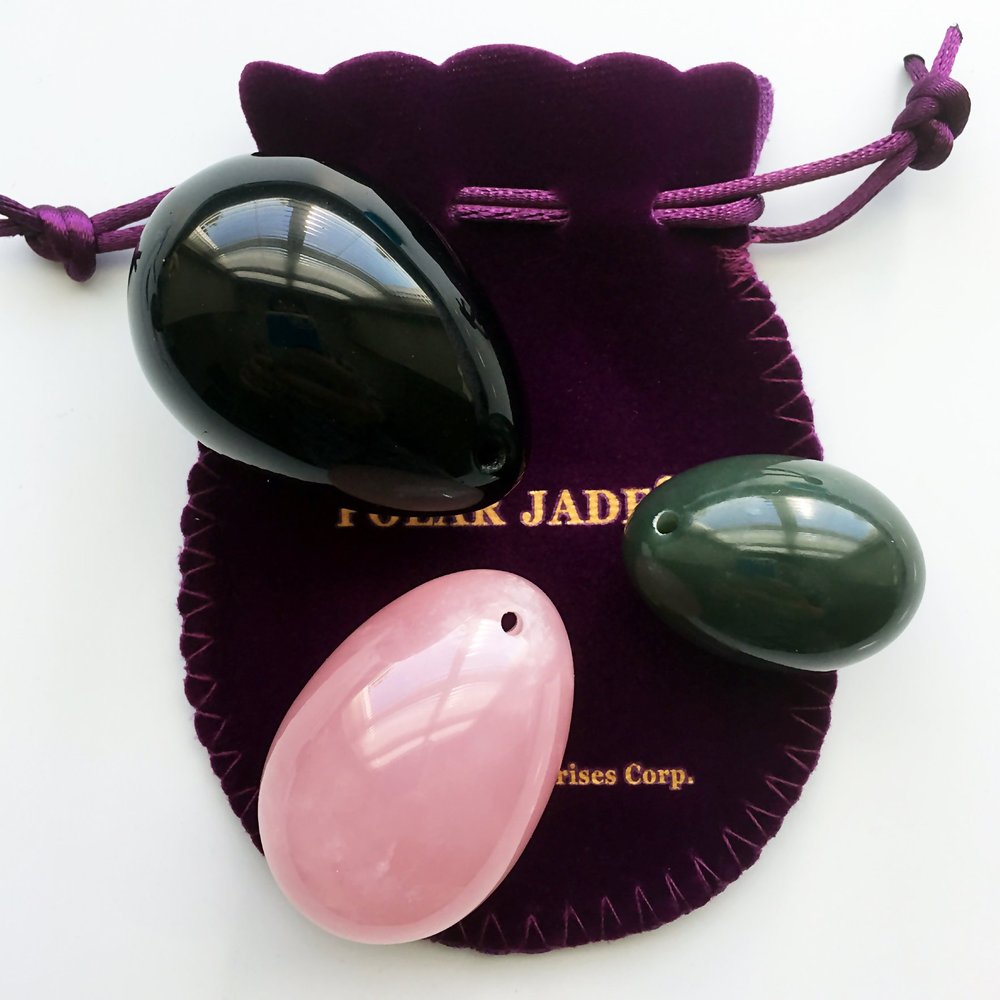 Yoni Egg Set of 3 Gemstones: Nephrite, Rose Quartz & Black Obsidian, L/M/S, Pre-Drilled, Certified, with Instructions