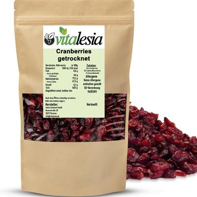 Vitalesia Cranberries with Apple Juice, Sweetened, 500 g | Dried & Unsulfured | No Added Sugar | Vegan