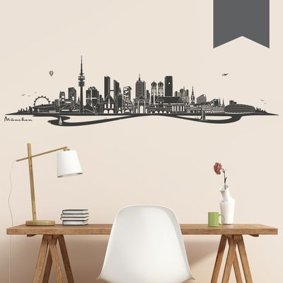 WANDKINGS Munich Skyline with River Wall Decal, 120 x 31 cm, Dark Gray