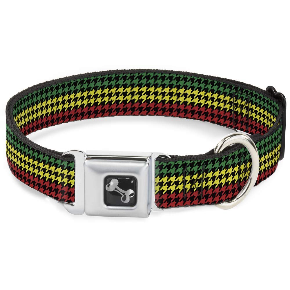 Buckle-Down Seatbelt Buckle Dog Collar - Black/Rasta Houndstooth - 1 in Wide - Fits 15-26 in Neck - Large
