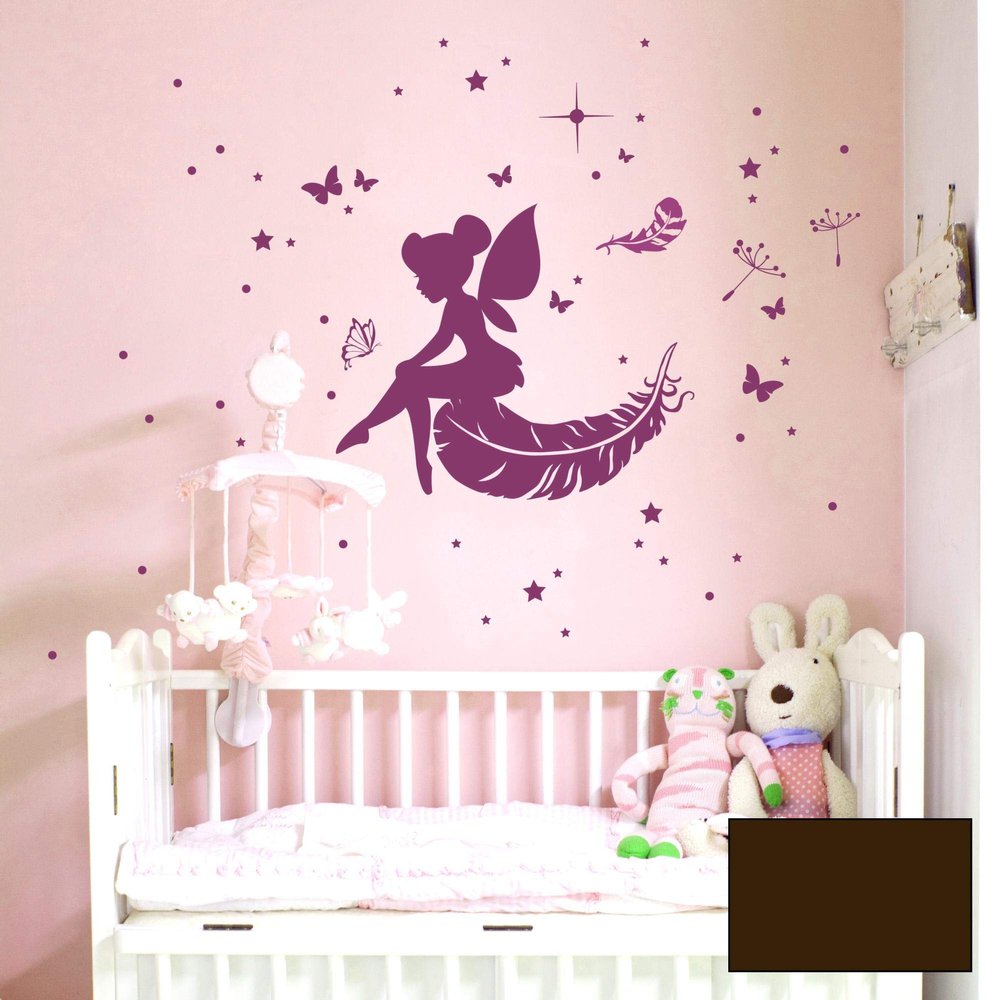 Wall Decal Fairy, Elf, Feathers, Stars & Dandelion M1916 – Chocolate Brown, Size L