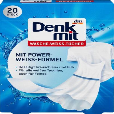 Denkmit Laundry Whitening Sheets, 20 ct, with Power-Whitening Formula, Removes Gray Haze and Yellowing, Suitable for All Textiles, Including Delicates