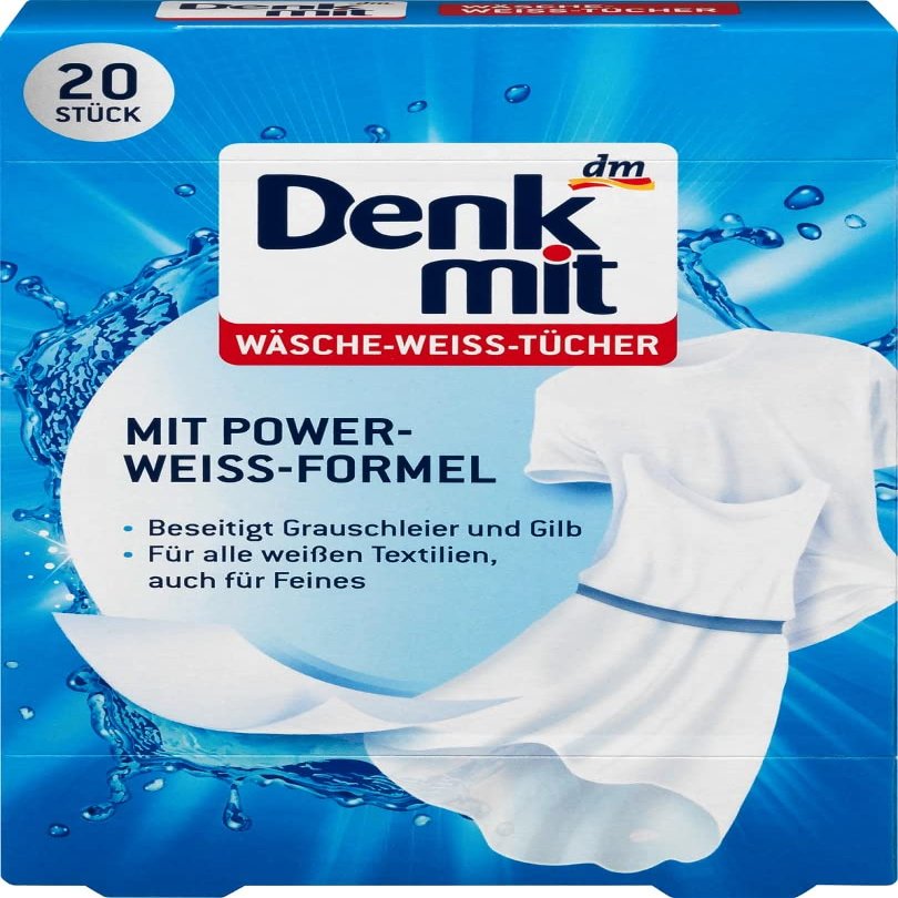 Denkmit Laundry Whitening Sheets, 20 ct, with Power-Whitening Formula, Removes Gray Haze and Yellowing, Suitable for All Textiles, Including Delicates