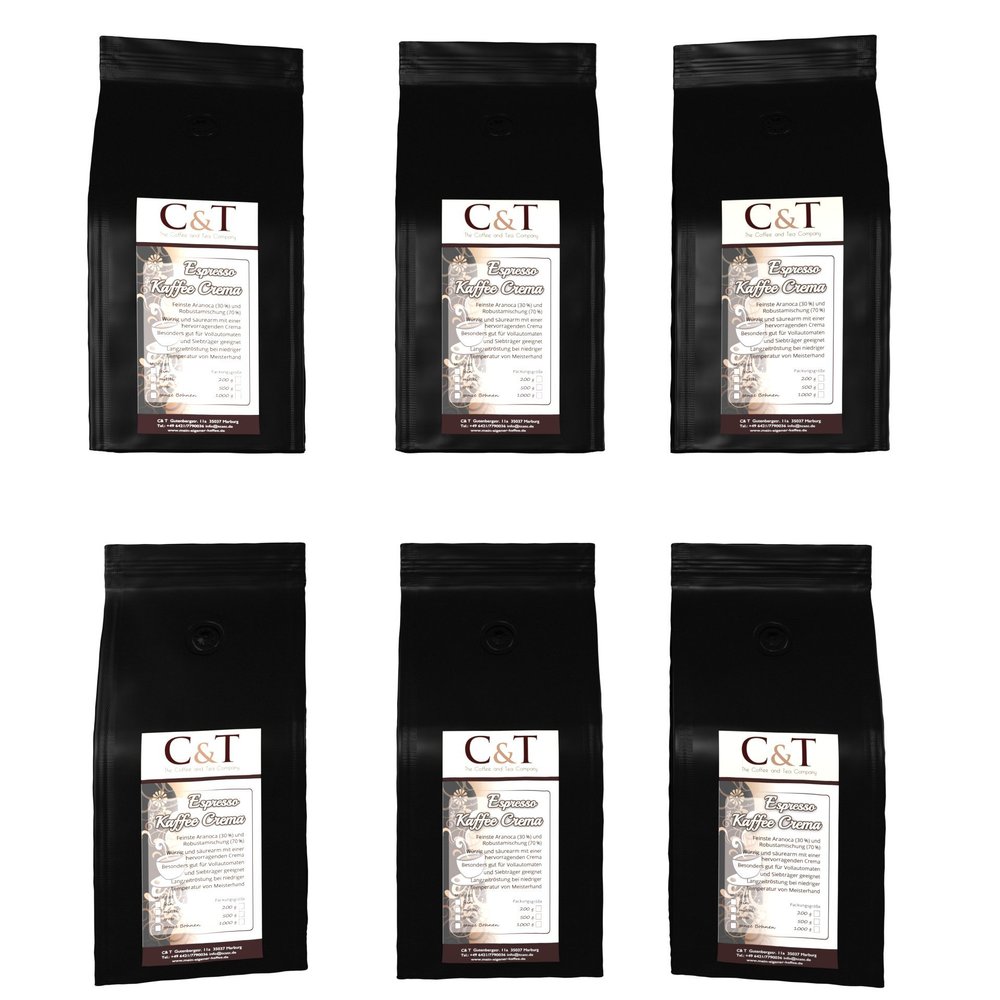 Espresso / Café Crema Coffee Beans, 6 x 1,000 g, Freshly Roasted