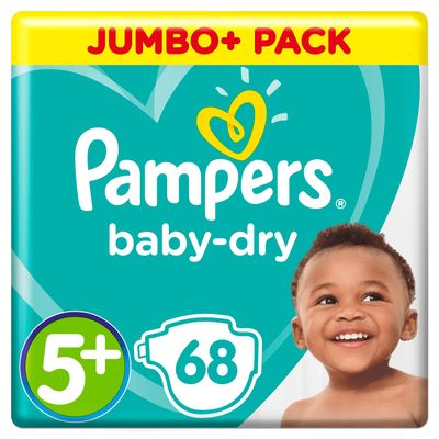 Pampers (Old Version), Size 5+, 68 Diapers, 12–17 kg, Jumbo+ Pack, Air Channels for Breathable Overnight Dryness