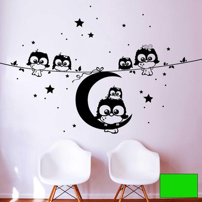 Owl Family Wall Decal on a Branch with Moon and Stars M1184, May Green, XL