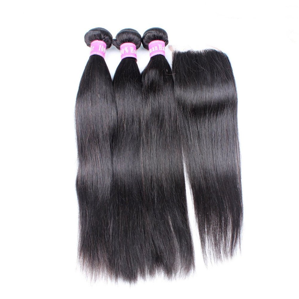 YanT HAIR Hair Extensions, 10/12/14 in with 8 in Middle-Part Closure, Natural Color, 4 Pieces