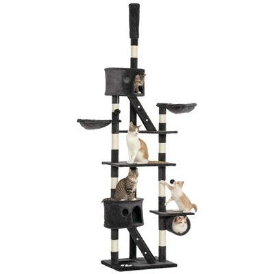 PawHut Floor-to-Ceiling Cat Tree, 240–260 cm, Dark Gray