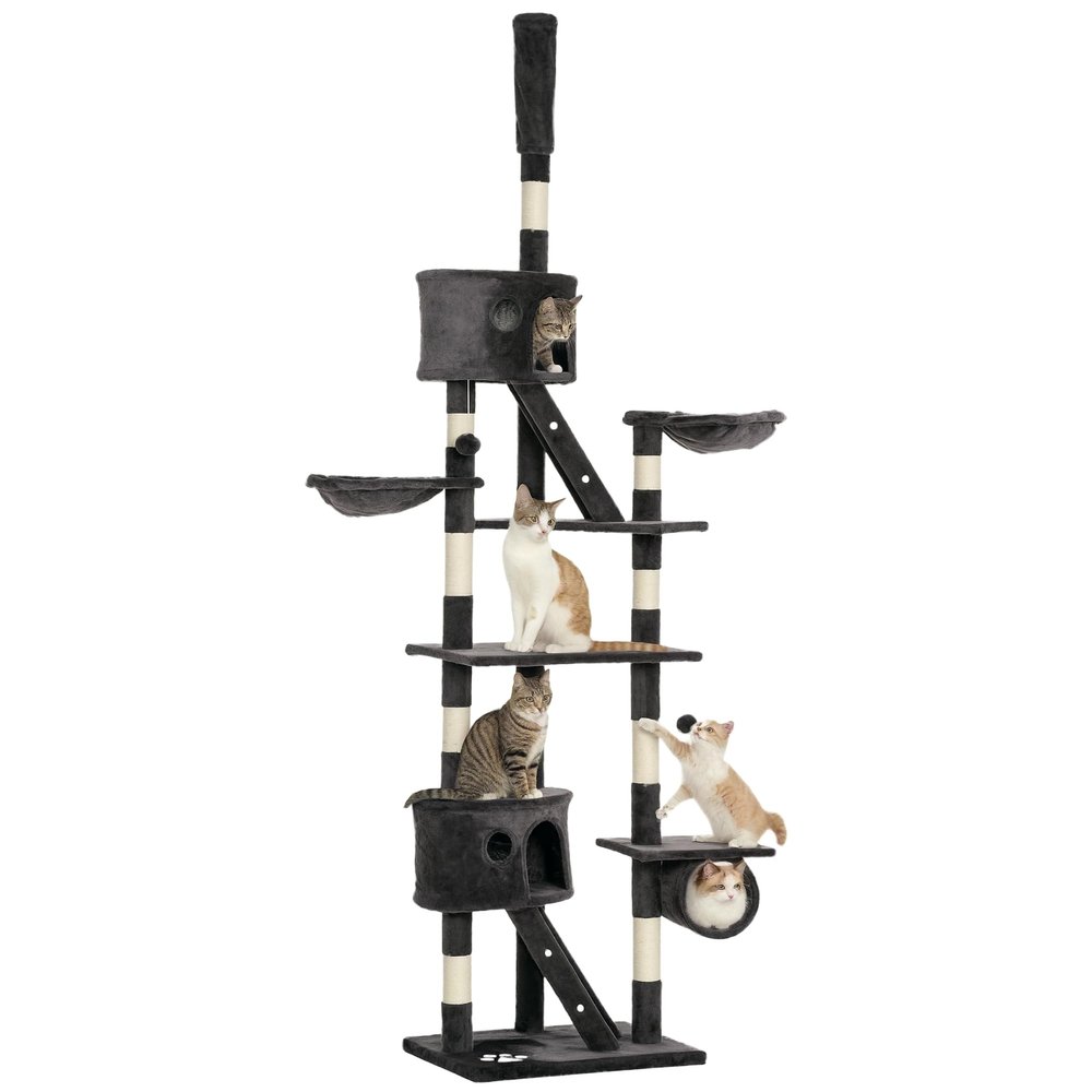PawHut Floor-to-Ceiling Cat Tree, 240–260 cm, Dark Gray