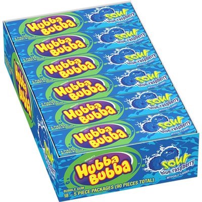 Hubba Bubba Sour Blue Raspberry Gum, Sour Blue Raspberry, 5 Count (Pack of 18)