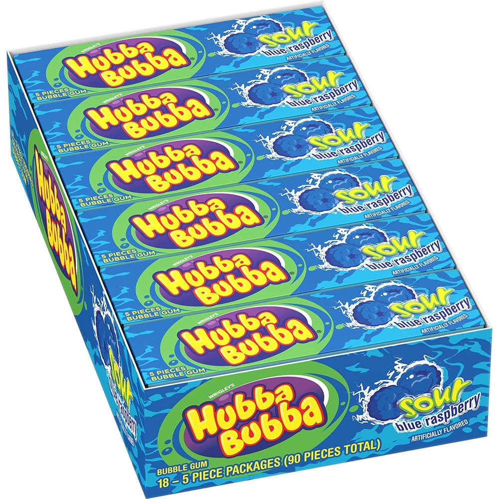 Hubba Bubba Sour Blue Raspberry Gum, Sour Blue Raspberry, 5 Count (Pack of 18)