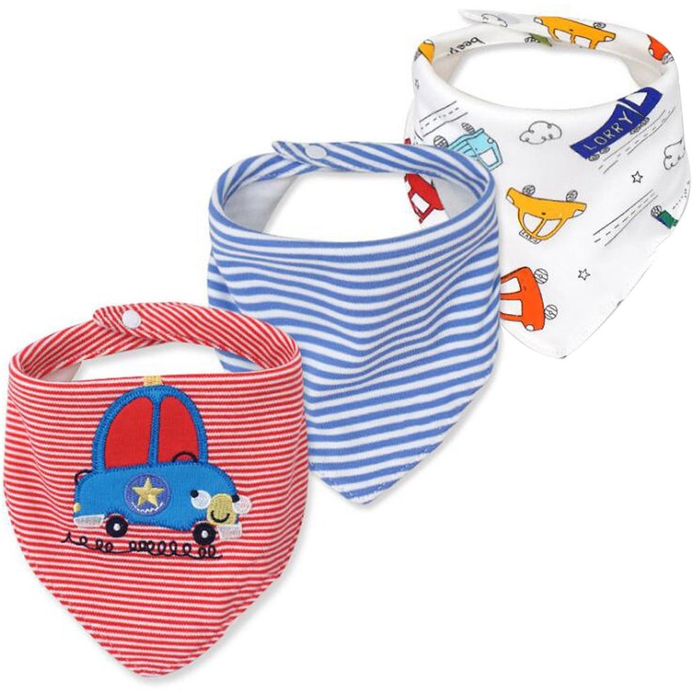 CuteOn Baby Drool Bibs, Unisex 3-Pack, Absorbent Cotton Triangle Bibs with Snaps for Boys and Girls - Assorted