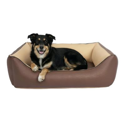 CopcoPet Orthopedic Dog Bed for Medium Dogs, Washable Reversible Faux Leather Bed with Raised Edge, Form-Stable Dog Sofa, Mocca, 90 x 70 cm