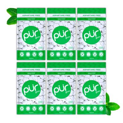 PUR Gum Sugar-Free Chewing Gum with Xylitol, Spearmint, 55 Pieces (6-Pack)