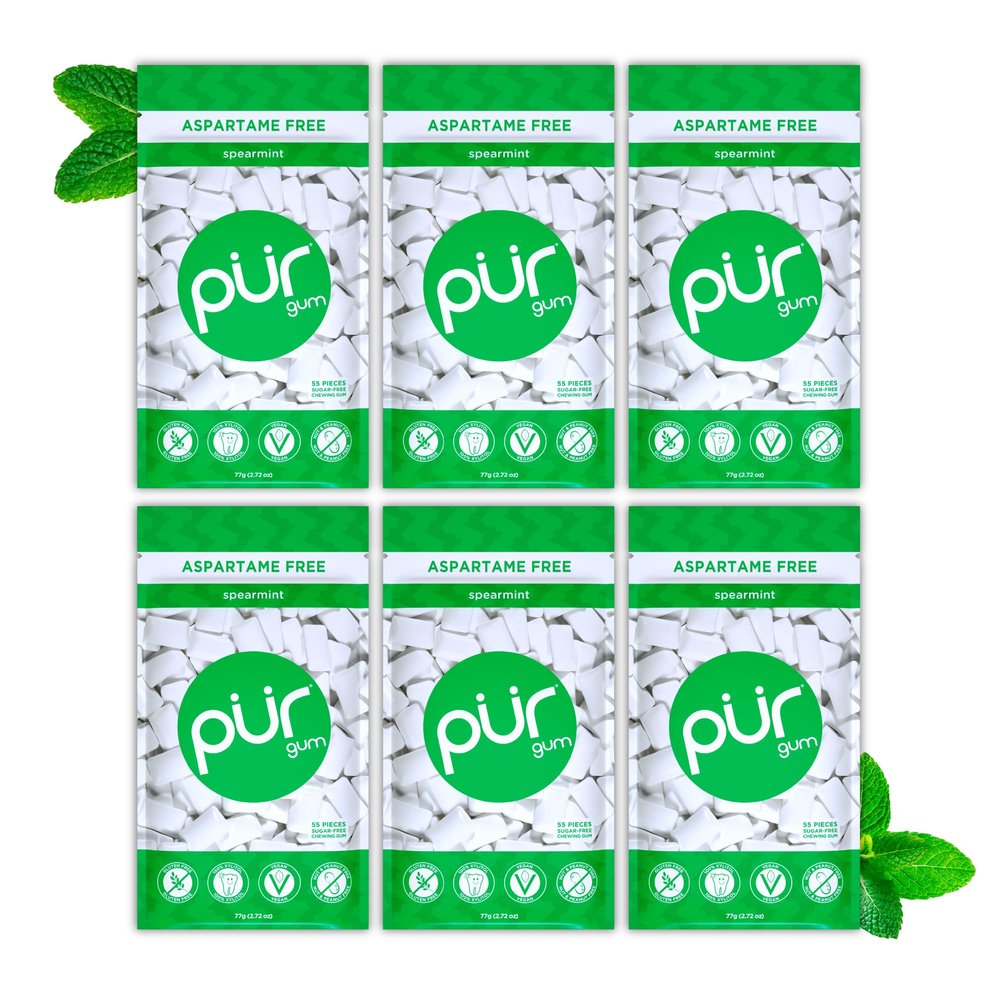 PUR Gum Sugar-Free Chewing Gum with Xylitol, Spearmint, 55 Pieces (6-Pack)