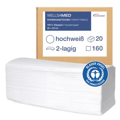 wellsamed 2-Ply Tissue Hand Towels, Z-Fold, White, 25 x 23 cm, 3,200 Sheets