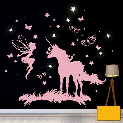 Unicorn Fairy Wall Decal with Butterflies and Glow-in-the-Dark Stars M2018, Sunshine Yellow, XL 100 x 100 cm