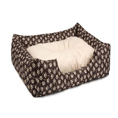 BedDog Mimi Dog Bed, Cordura Dog Sofa with Microfiber Velour, Washable Rectangular Bed with Bolster, Indoor/Outdoor, Size M, Brown-Beige with Paws