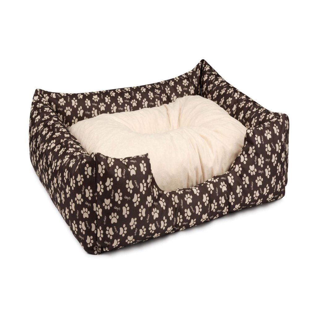 BedDog Mimi Dog Bed, Cordura Dog Sofa with Microfiber Velour, Washable Rectangular Bed with Bolster, Indoor/Outdoor, Size M, Brown-Beige with Paws