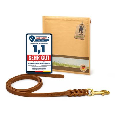 Leather Long Line for Dogs, 10 m x 15 mm, Cognac, Brass