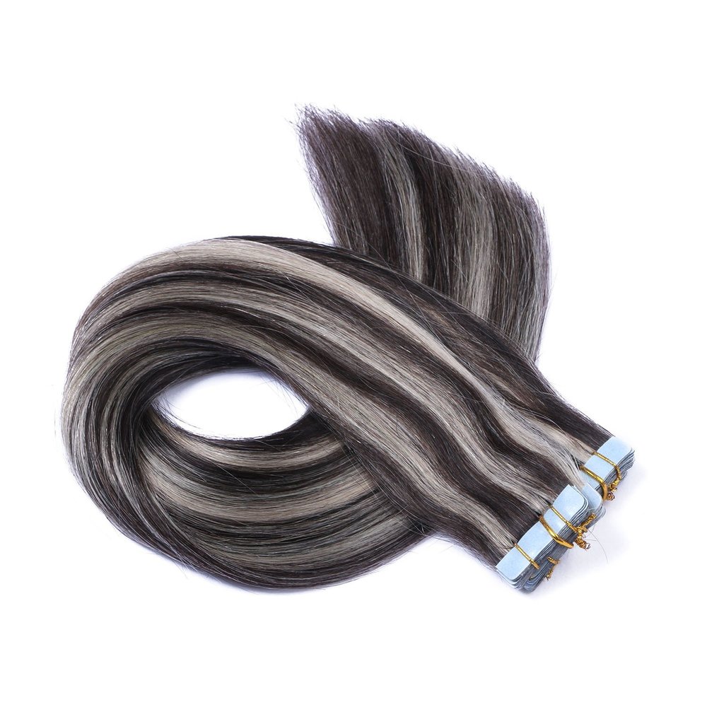 Tape-In Hair Extensions #1B/Gray Highlighted, 60 cm, 50 Wefts, 100% Remy Human Hair by NOVON