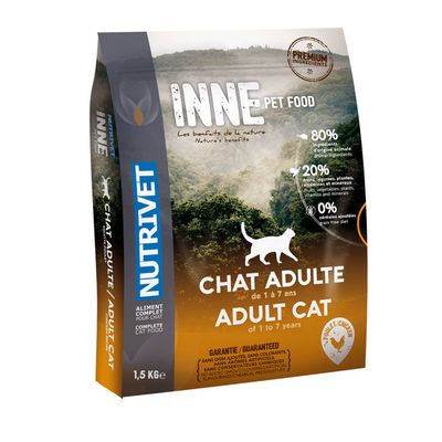 NUTRIVET INNE Cat Grain-Free Kibble for Adult Cats, Chicken, 80% Animal Ingredients, 1.5 kg