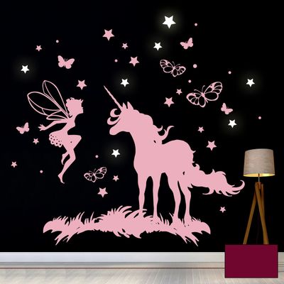 Unicorn Fairy Wall Decal with Butterflies and Glow-in-the-Dark Stars, M2018 – Berry, L