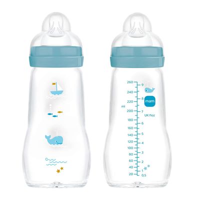 MAM Feel Good Glass Bottle 260 ml, 2-Pack with Size 1 Teats