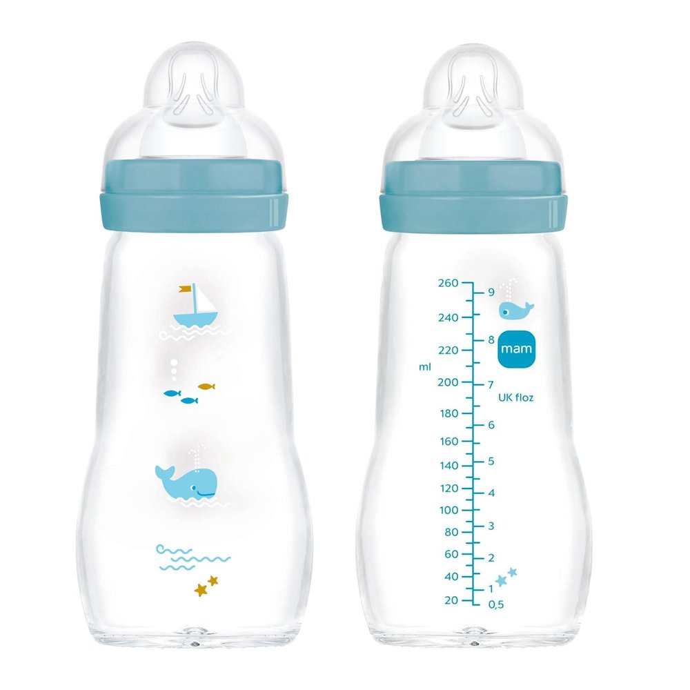 MAM Feel Good Glass Bottle 260 ml, 2-Pack with Size 1 Teats