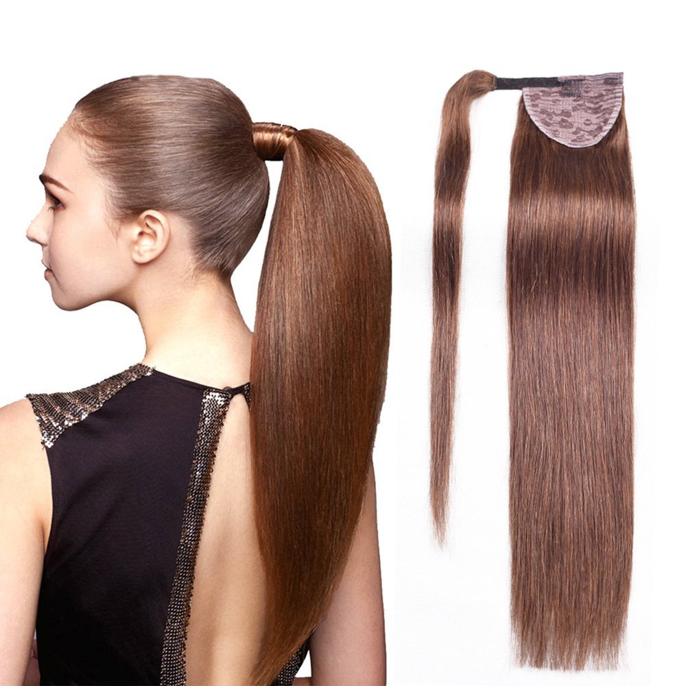 Remeehi Straight Ponytail, 100 g Malaysian Virgin Human Hair Wrap-Around Ponytail with Clips, 15" 8/613#