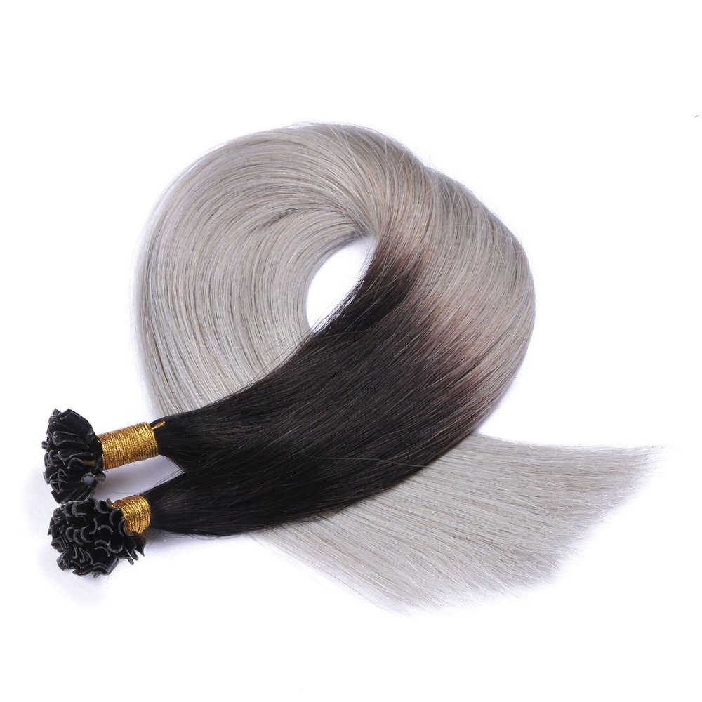 Keratin Bonding #1B/Silver Ombre, 50 cm, 250 Strands, 100% Remy Human Hair U-Tip Extensions