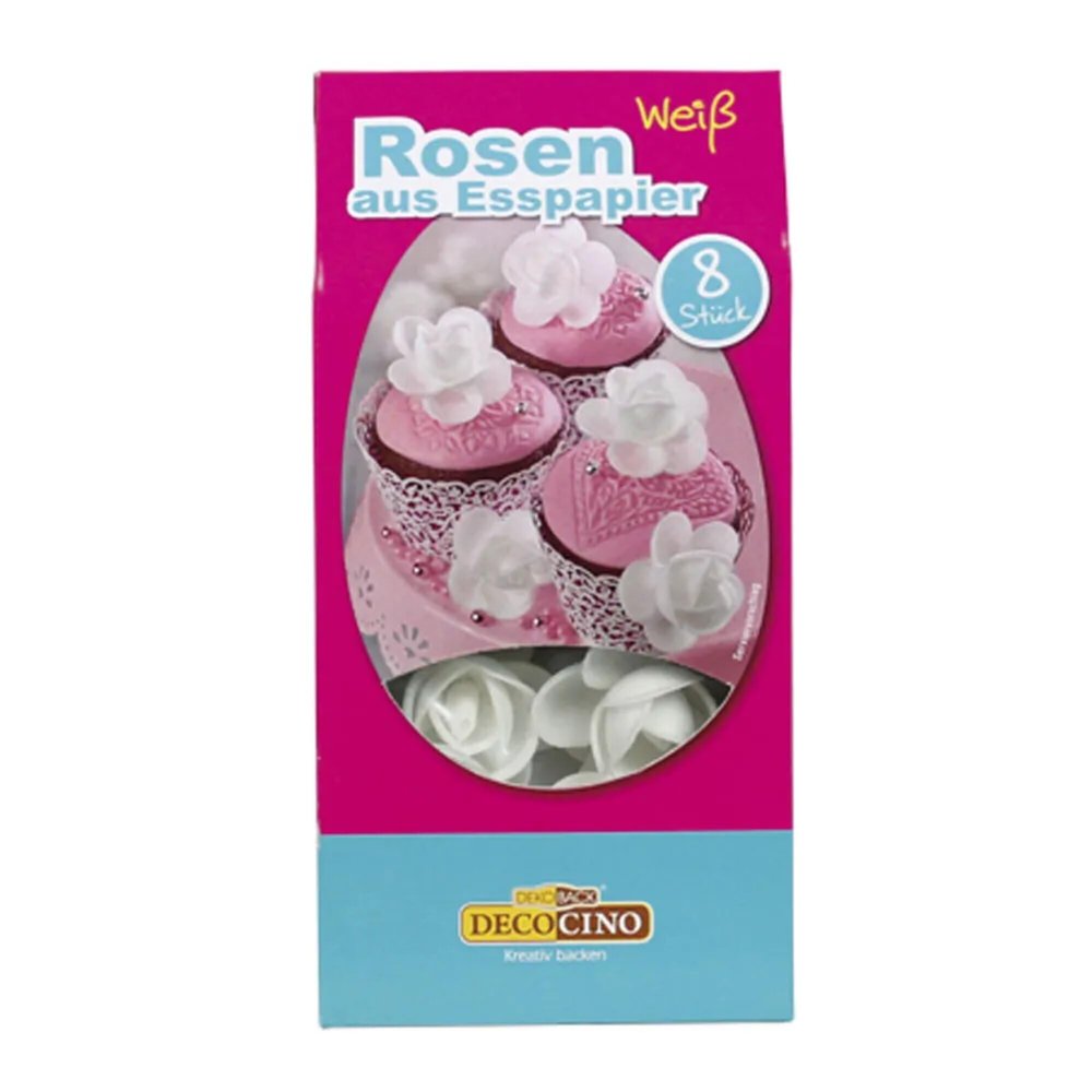 Dekoback White Wafer Paper Roses, 8 Count