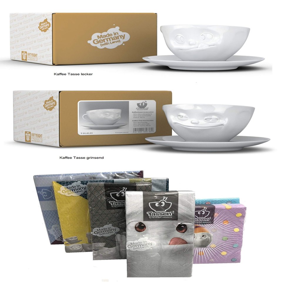 FIFTYEIGHT PRODUCTS Coffee Mug Set of 2 + Napkins, 200 ml, DELICIOUS + GRINNING