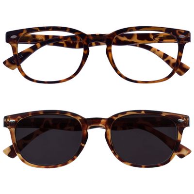 OPULIZE ORA Reading Glasses for Women and Men with Reading Sunglasses, UV400 Protection, Spring Hinges, Round Frames, 2-Pack, Brown Tortoiseshell, +1.00