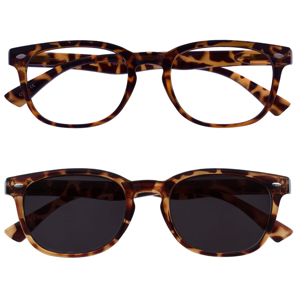 OPULIZE ORA Reading Glasses for Women and Men with Reading Sunglasses, UV400 Protection, Spring Hinges, Round Frames, 2-Pack, Brown Tortoiseshell, +1.00