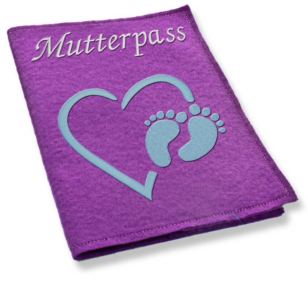 German Maternity Record Cover, Blue Heart with Feet, Handmade (Purple)