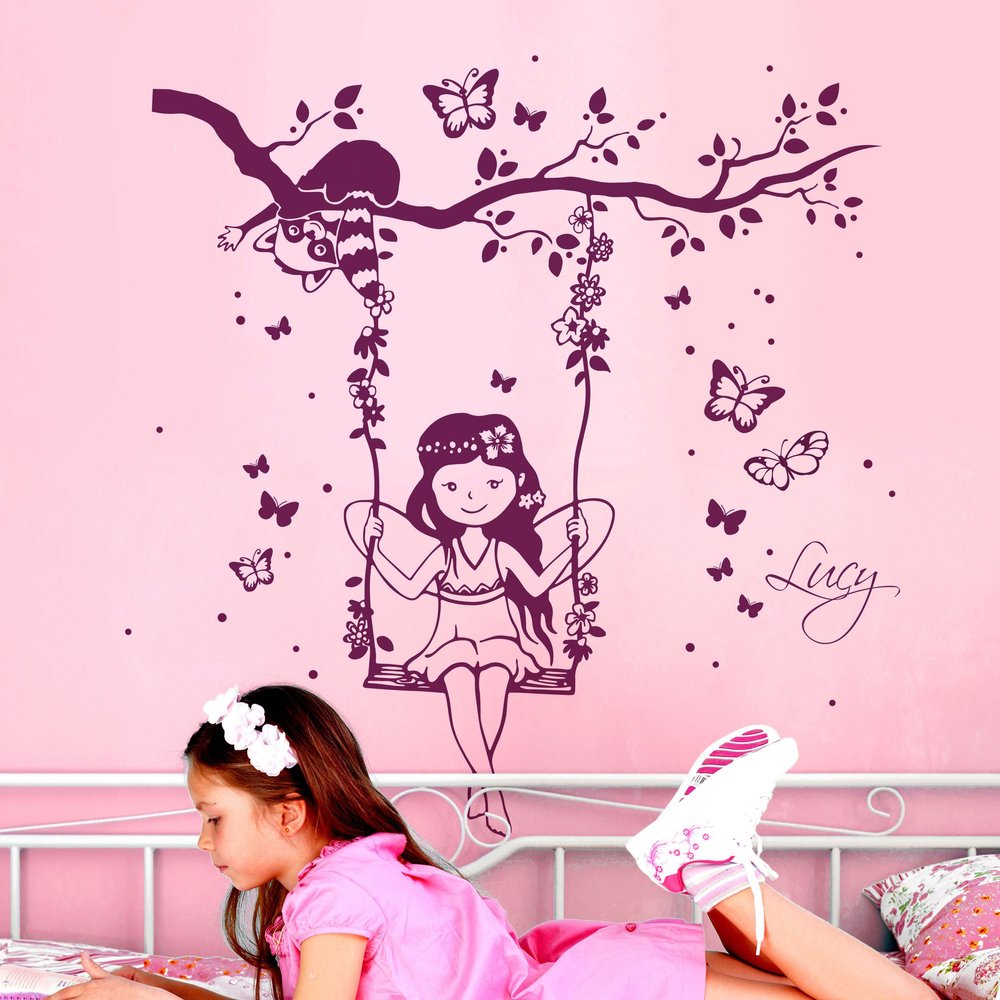 ilka parey Wandtattoo-Welt Wall Decal Fairy Elf on a Swing with Raccoon, Butterflies, Dots and Name M2129, Light Brown, XXL 140 × 132 cm