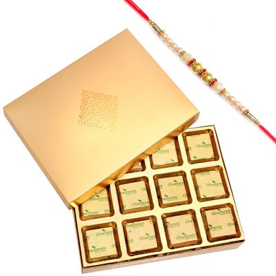 Ghasitaram Gifts Rakhi Chocolate Golden, 12-Piece Roasted Almond Chocolate Box with Pearl Rakhi