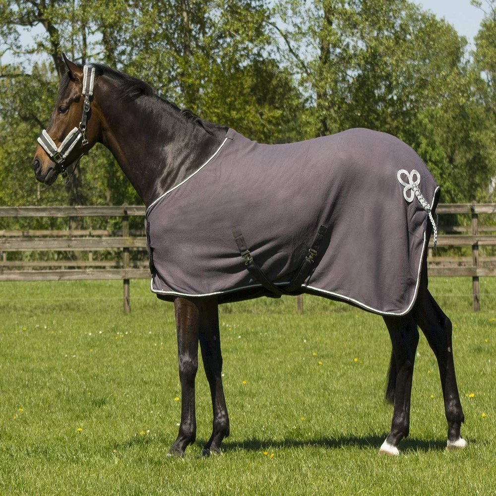 QHP Fleece Cooler Rug with Chest Bib, Ornamental Contrast Trim and Cross Surcingles (135 cm, Gray/Silver)