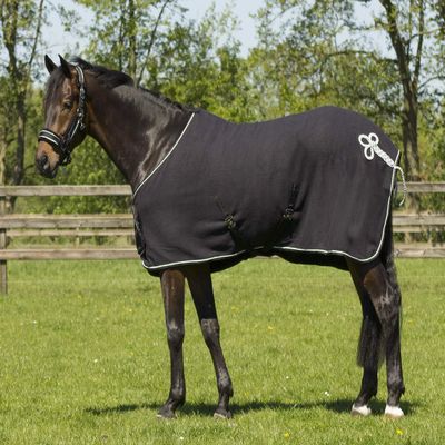 QHP Fleece Cooler Rug with Chest Bib, Ornament Trim and Cross Surcingles (155 cm, Black/Silver)