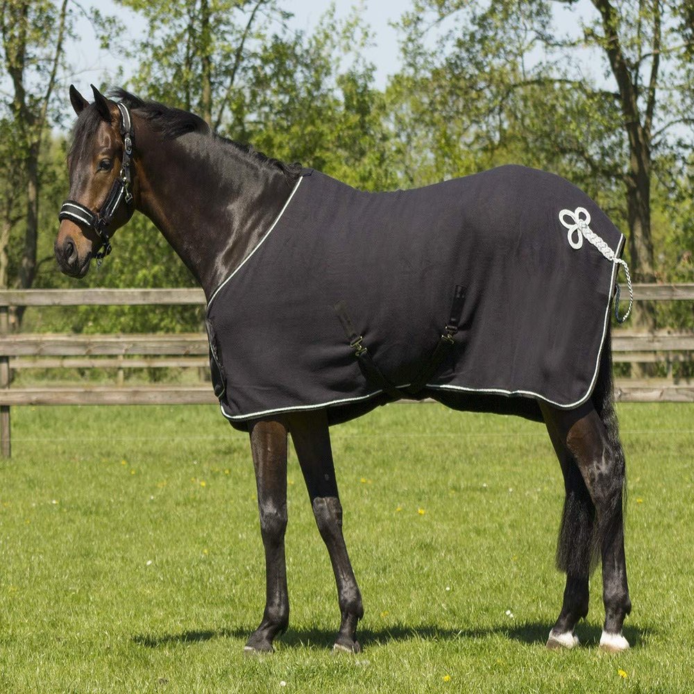 QHP Fleece Cooler Rug with Chest Bib, Ornament Trim and Cross Surcingles (155 cm, Black/Silver)